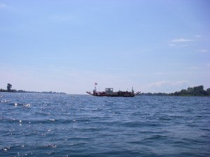 Dodging behind the cable ferry which serves Simcoe Island.
